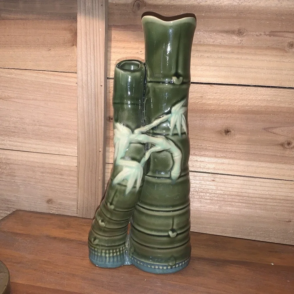 Vintage Majolica Vase Green Double Bamboo Stalks Planter Tiki Asian‎ Ceramic EUC